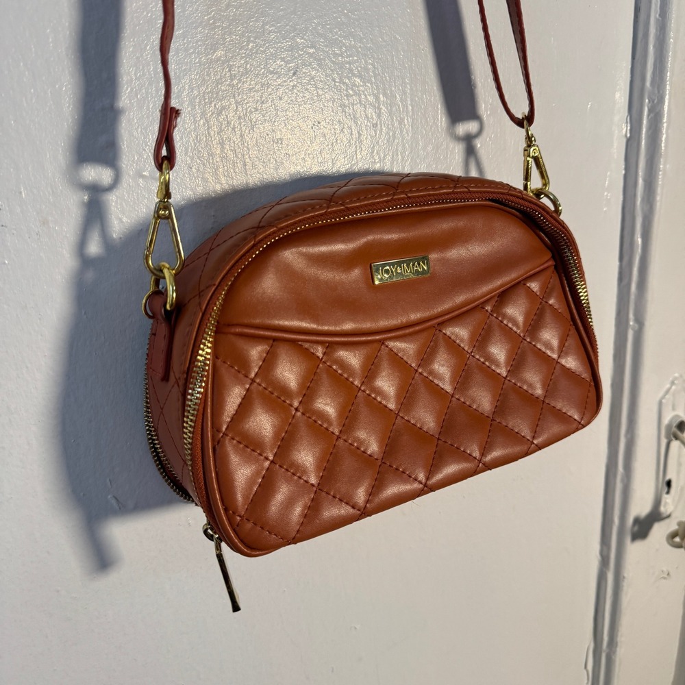 Joy & Iman Cognac Brown Quilted Crossbody Bag Gold Hardware Preppy Luxury Orange